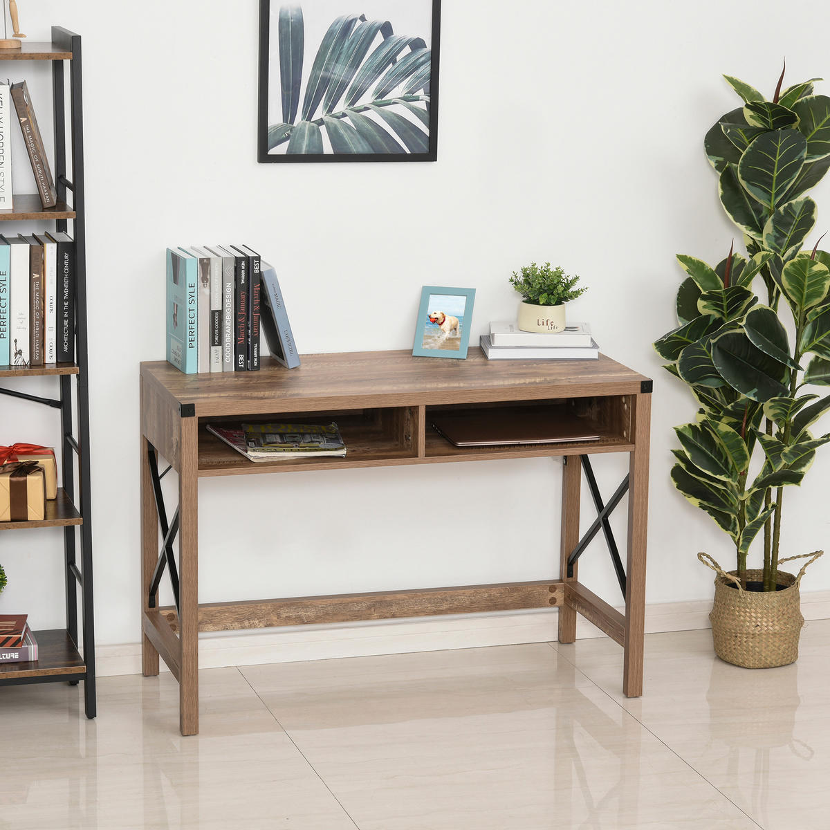 SCHREIBTISCH Schwarz und Braun Holzoptik mit 2 offenen Fächern 110/48/76 cm - Braun, Holz (48/110/76cm) - PANGIVO