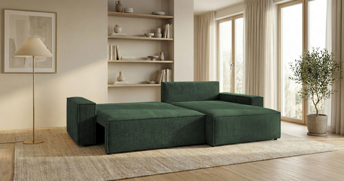 ROHOVÁ pohovka VIENNA pravá zelená manšestr Poso 14 - funkce spaní, úložný prostor - zelená barva, textil (285/184cm) - Cornero
