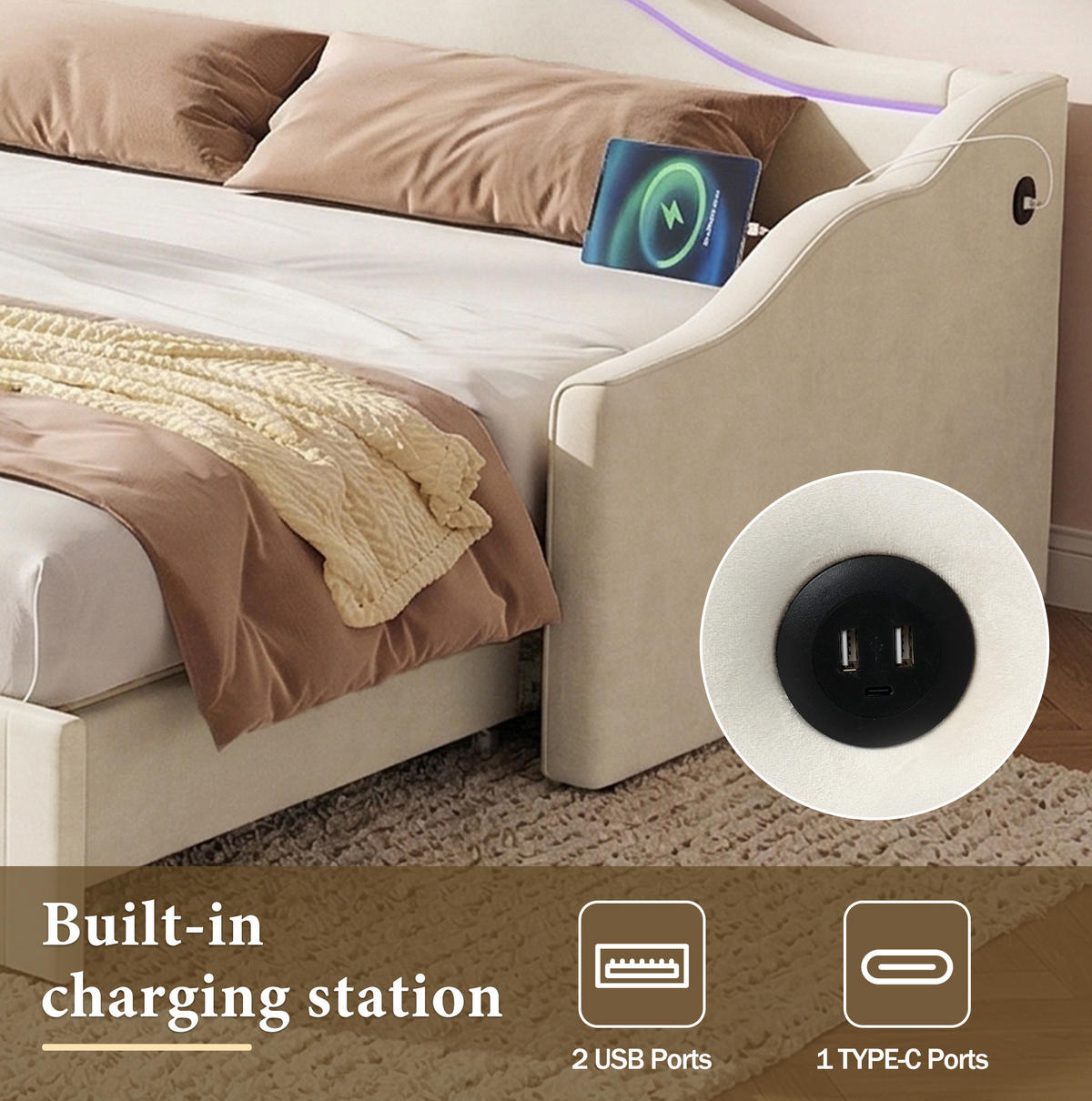 POLSTERBETT 90/200 cm Beige aus Samt mit USB- und TYPE-C-Anschluss - Beige, Textil (90/200cm) - OKMYHOME