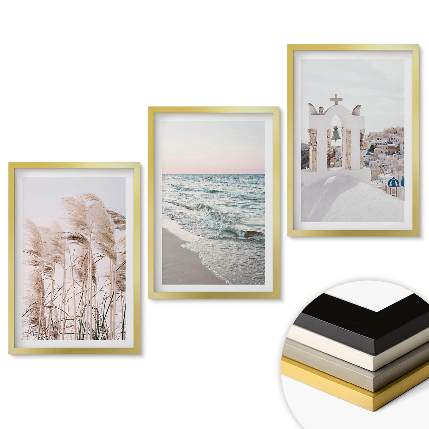 WANDBILDER 3er Set - 40x60 cm Goldrahmen - Pflanzen, Meereswellen, Aussicht, Häuser - Goldfarben, Kunststoff (40/60cm) - ArtPrintCave