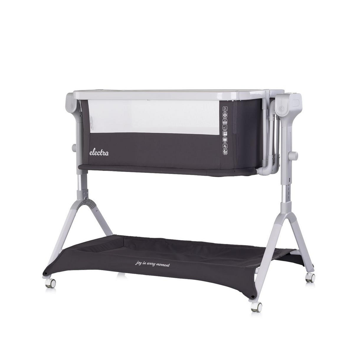 BEISTELLBETT Electra dunkelgrau 113 x 72 cm, Schaukelfunktion, 5-fach verstellbar, Moskitonetz, Korb - Schwarz, Metall (52/83cm) - Chipolino
