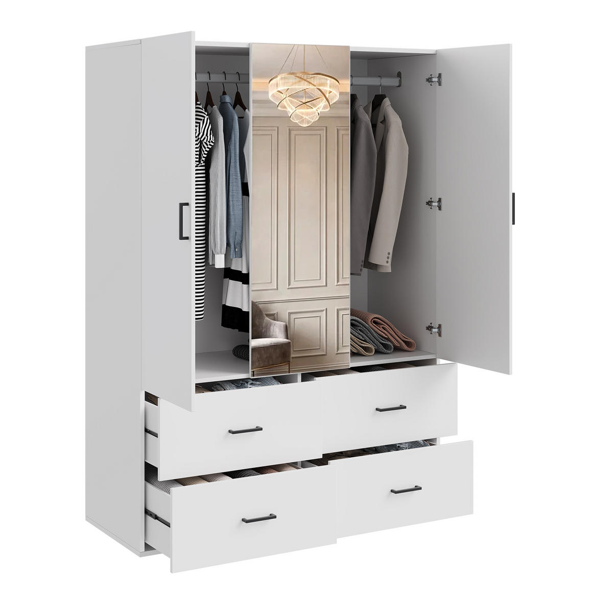 KLEIDERSCHRANK 130cm weiß mit Spiegel und LED, 4 Schubladen, viel Stauraum - Weiß, Holzwerkstoff (51.8/181.5/130cm) - SHOPENTRA