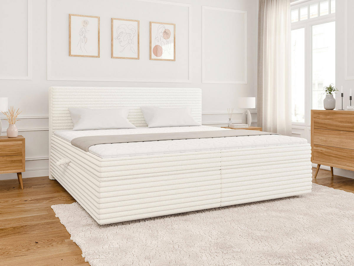 BOXBETT Roma 200/200 cm Hellbeige Plüschcord - Beige/Schwarz, Holz/Kunststoff (200/200cm) - S-Style Möbel
