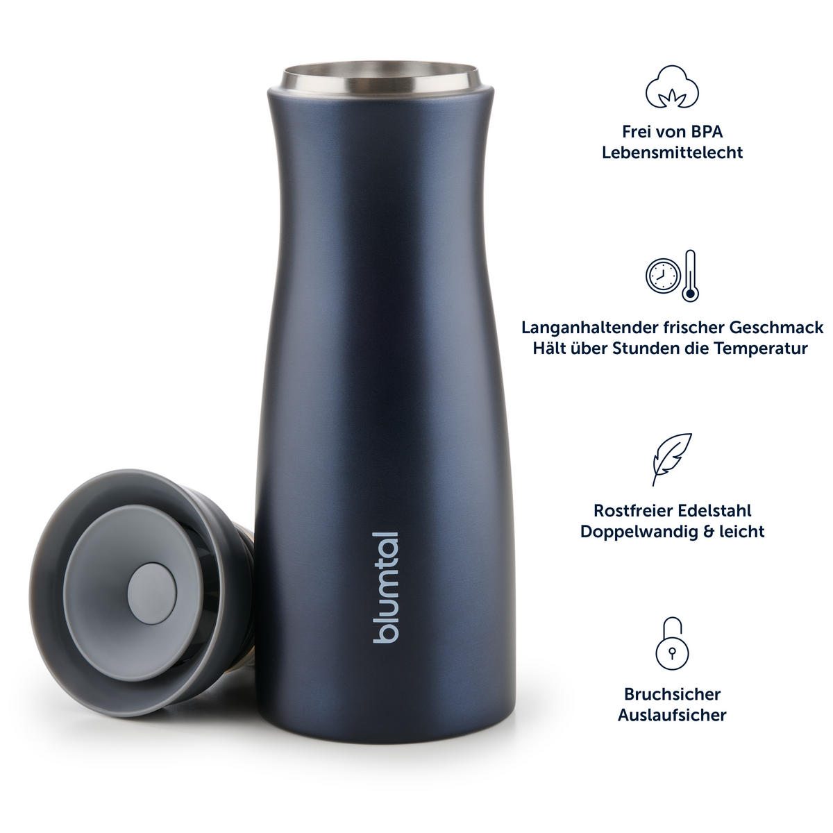 THERMOBECHER 380 ml - Kaffeebecher to go aus Edelstahl - auslaufsicherer Isolierbecher kalt/heiß - 360° Trinköffnung - Dunkelblau - Dunkelblau, Metall (0.38L) - Blumtal