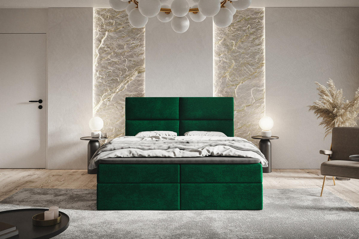 BOXSPRINGBETT mit Matratze 180x200 Coral, Samt, Bettkasten, Grün - Grün, Holz/Textil (180/200cm) - Emporius
