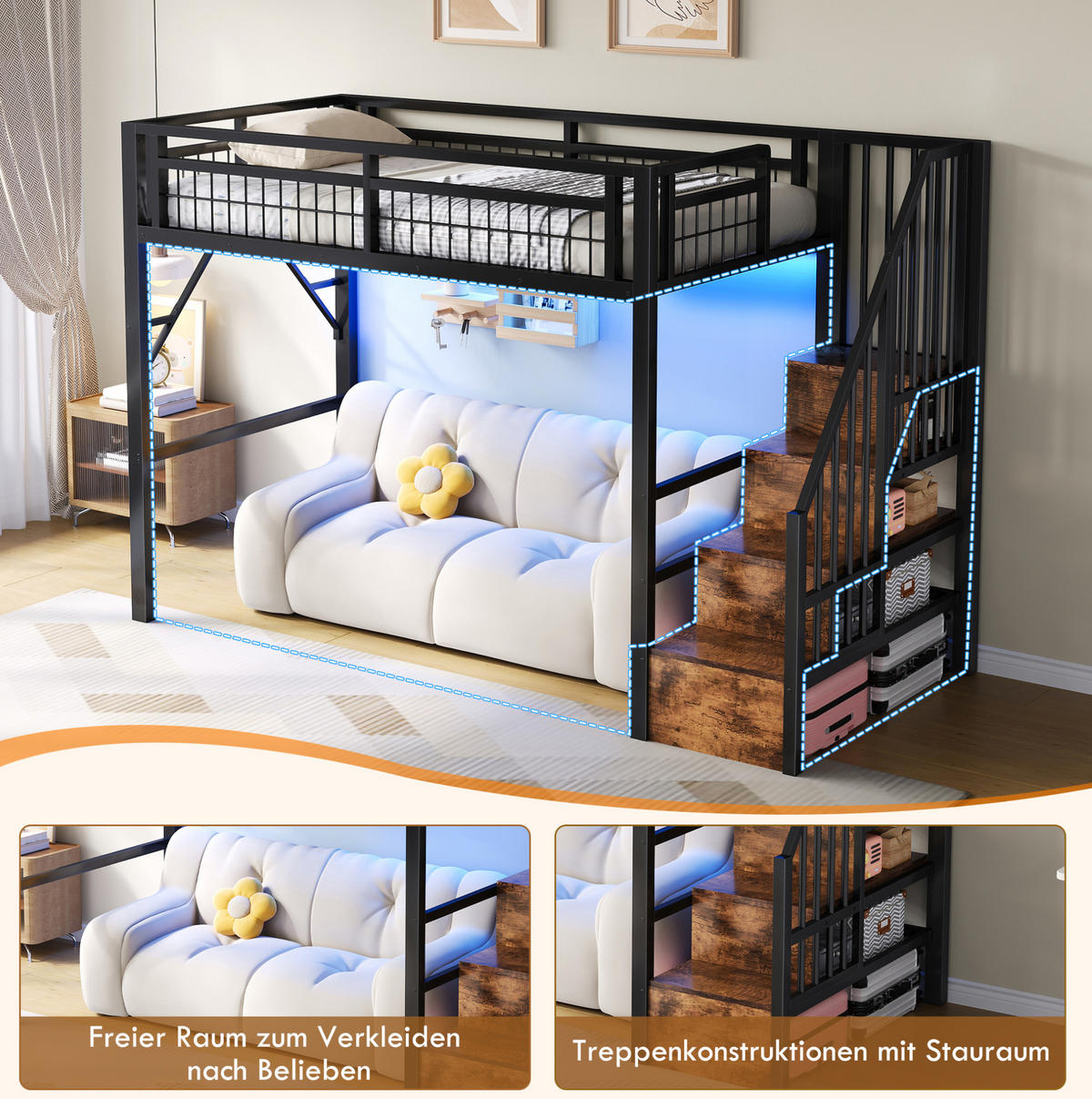 HOCHBETT 90/200 cm aus Metall in Schwarz – mit LED-Lichtleiste und Stauraumtreppe - Schwarz, Metall (90/200cm) - BEAOK