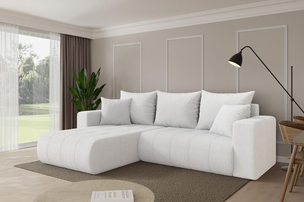 ROHOVÁ SEDAČKA s funkcí spaní, otoman vlevo MILA-L 277x194x86 bílá bouclé - bílá/černá, kompozitní dřevo/textil (277/194cm) - ALTDECOR