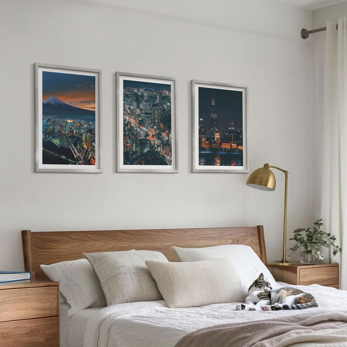 BILDER SET 3er Set - 40x60 cm Silberner Rahmen - Bergpanorama der Stadt bei Nacht - Silberfarben, Kunststoff (40/60cm) - TULUP