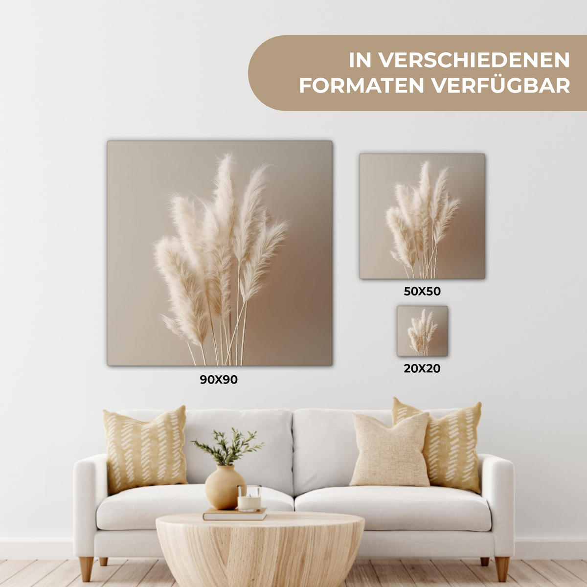 LEINWANDBILD Pampasgras - Federn - Pastell - Weiß 90x90 cm - Naturfarben, Textil (90/90cm) - MuchoWow
