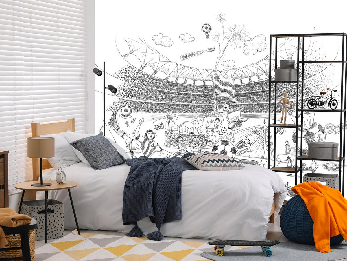 FOTOTAPETA Pre Detskú Izbu Futbalový Štadión Skica Hráč Lopta Pohár Šport 450 x 315 cm - sivá/biela, papier (450/315cm) - Muralo