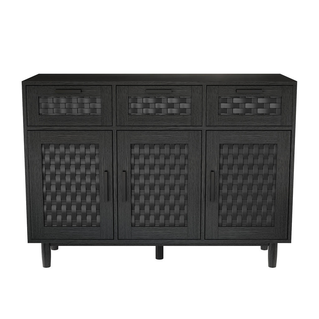 EuroLiving PŘÍBORNÍK BUFFET Masivní dřevo Černá, Bambusové dvířka, 2 zásuvky, 115×40×80 cm