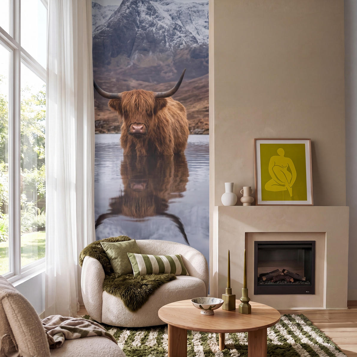 TAPETE - Schottischer Hochländer - Braun - Wasser - 120x300 cm - Braun, Papier (120/300cm) - OnlyWow