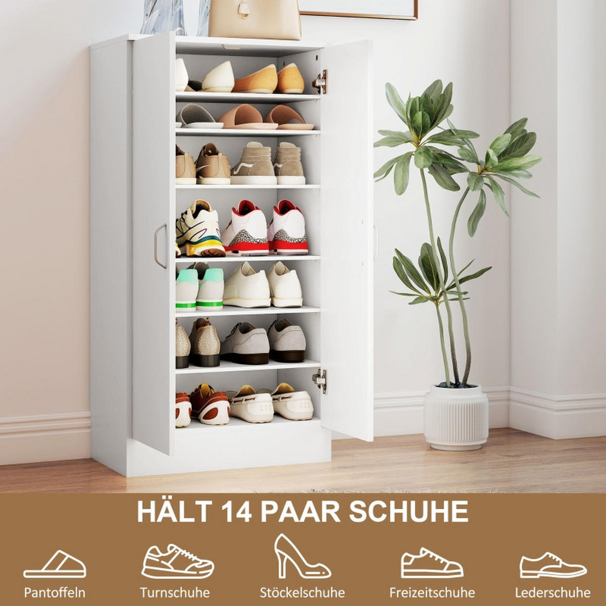 SCHUHSCHRANK 55/35/108 cm in Weiß mit verstellbaren Böden und Soft-Close - Weiß, Holz (55/108/35cm) - BEAOK