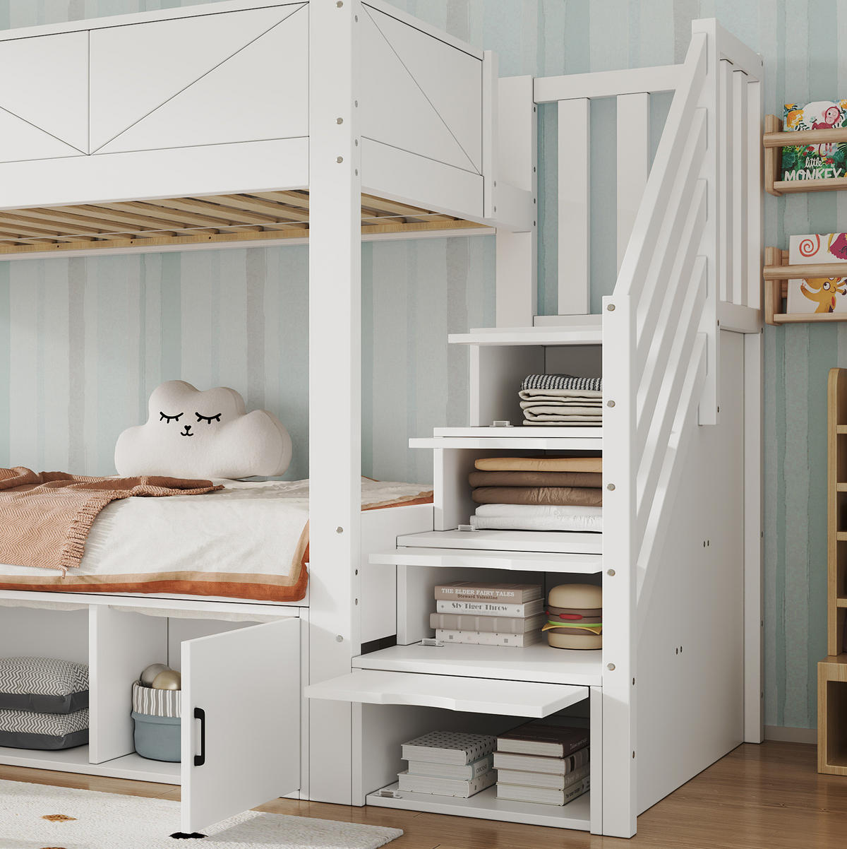 ETAGENBETT 90/200 cm aus Holz mit Stauraumtreppe, Weiß - Weiß, Holz (90/200cm) - OKMYHOME
