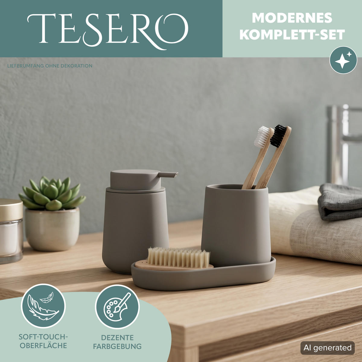 BAD-ACCESSOIRES-SET TESERO 3tlg., Soft-Touch, braun - Braun, Kunststoff (8.5/12/9cm) - eluno
