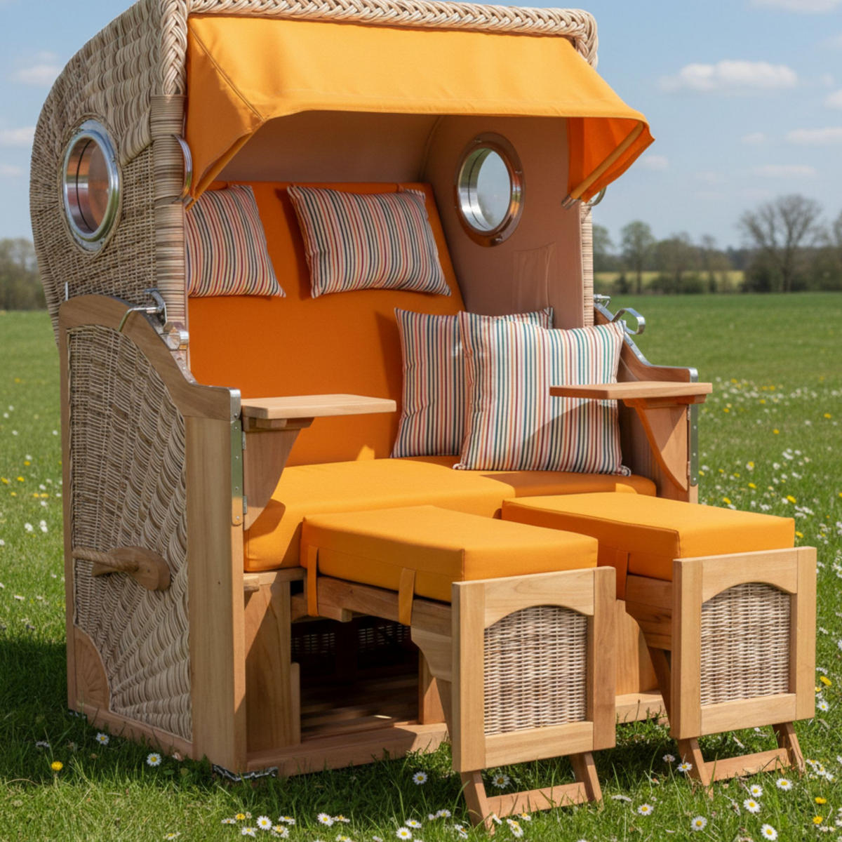 STRANDKORB Düne 2-Sitzer Teak Shell - Gelb/Braun, Holz/Metall (125/170/80cm) - Mr. Deko