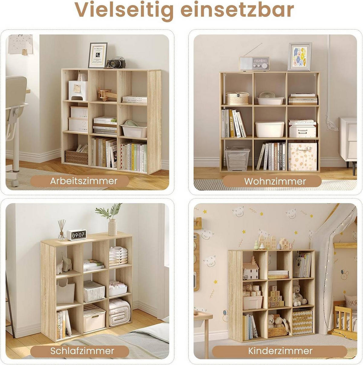 REGAL Bücherregal mit 9 Fächern,Würfelregal, Helle Eiche - Eichefarben, Holzwerkstoff (94/93/29.5cm) - Woltu