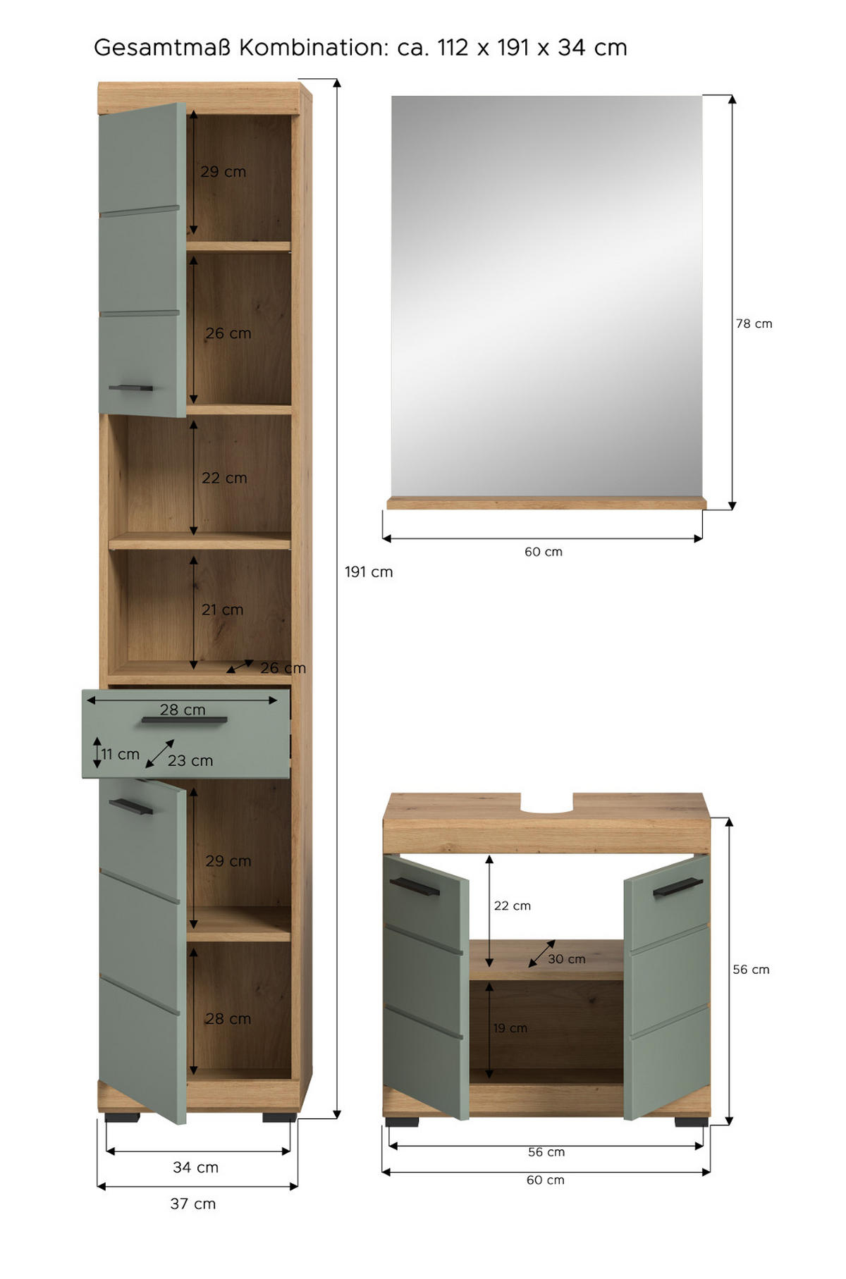 BADMÖBEL-SET Salbei grün, Eiche Artisan 3-teilig 112 cm, Komplettset mit viel Stauraum - Salbeigrün/Schwarz, Glas/Holzwerkstoff (112/191/34cm) - Inn.Furn