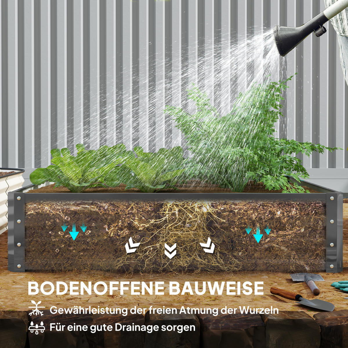 GARTENBEET, Pflanzkasten, Blumenkasten mit Stahlgehäuse, 120 x 120 x 30 cm - Hellgrau, Metall (120/30/120cm) - Outsunny