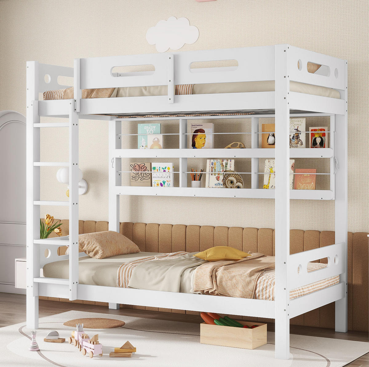 POSCHODOVÁ posteľ 90/200 cm biela/prírodná s otvoreným regálom a 5-stupňovým rebríkom z masívneho dreva a MDF - biela, drevo (90/200cm) - OKWISH