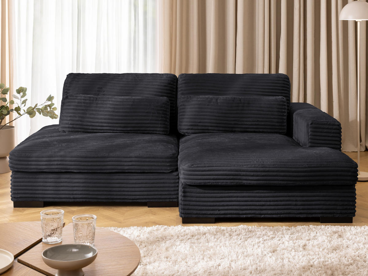 ECKSOFA Wolke mit tiefer Sitzfläche, Schlaffunktion und praktischem Bettkasten aus weichem Schwarz Cordstoff - Schwarz, Holz/Kunststoff (225/162cm) - S-Style