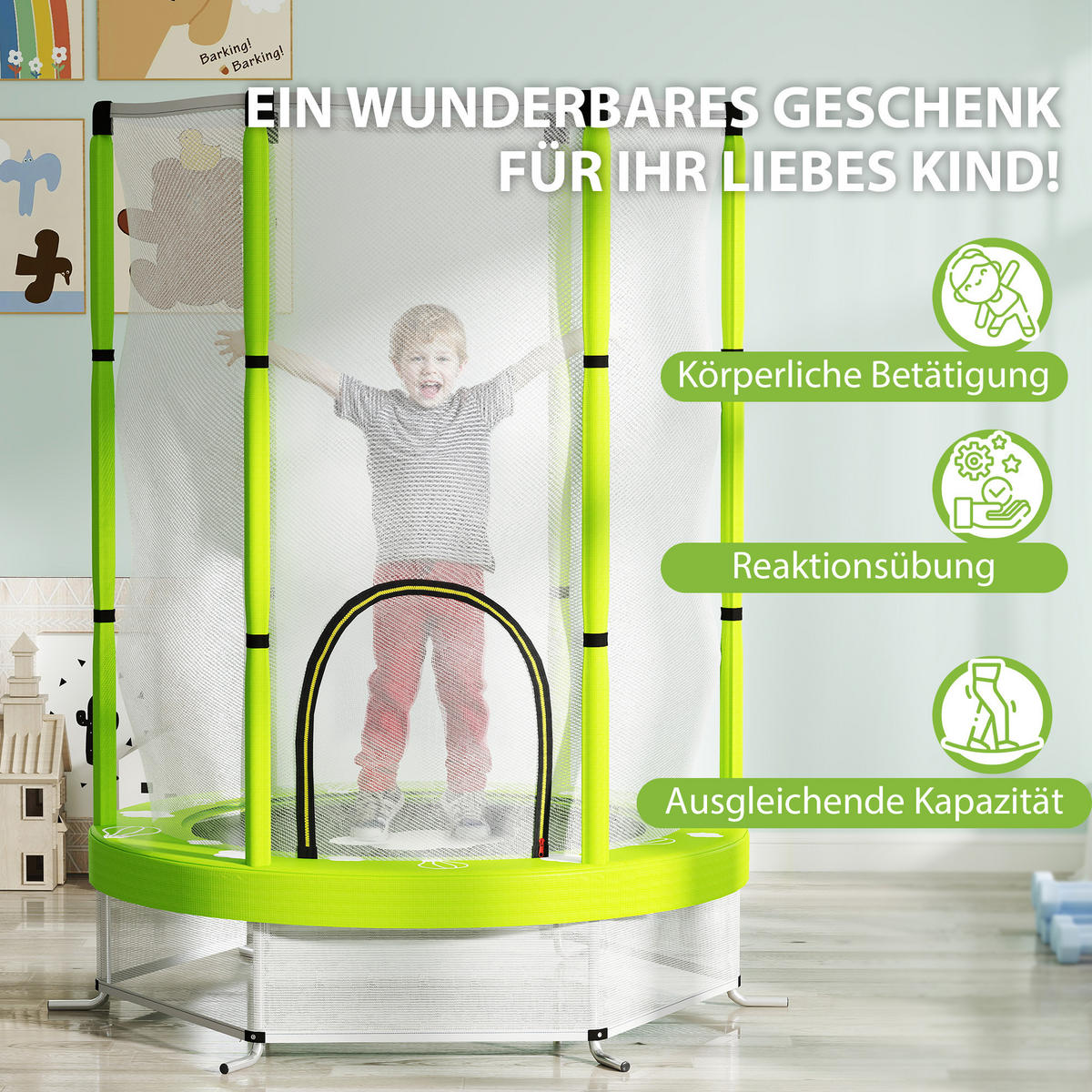 KINDER TRAMPOLIN, Grün, Stahl, Kunststoff - Grün, Metall (140/140cm) - AIYAPLAY