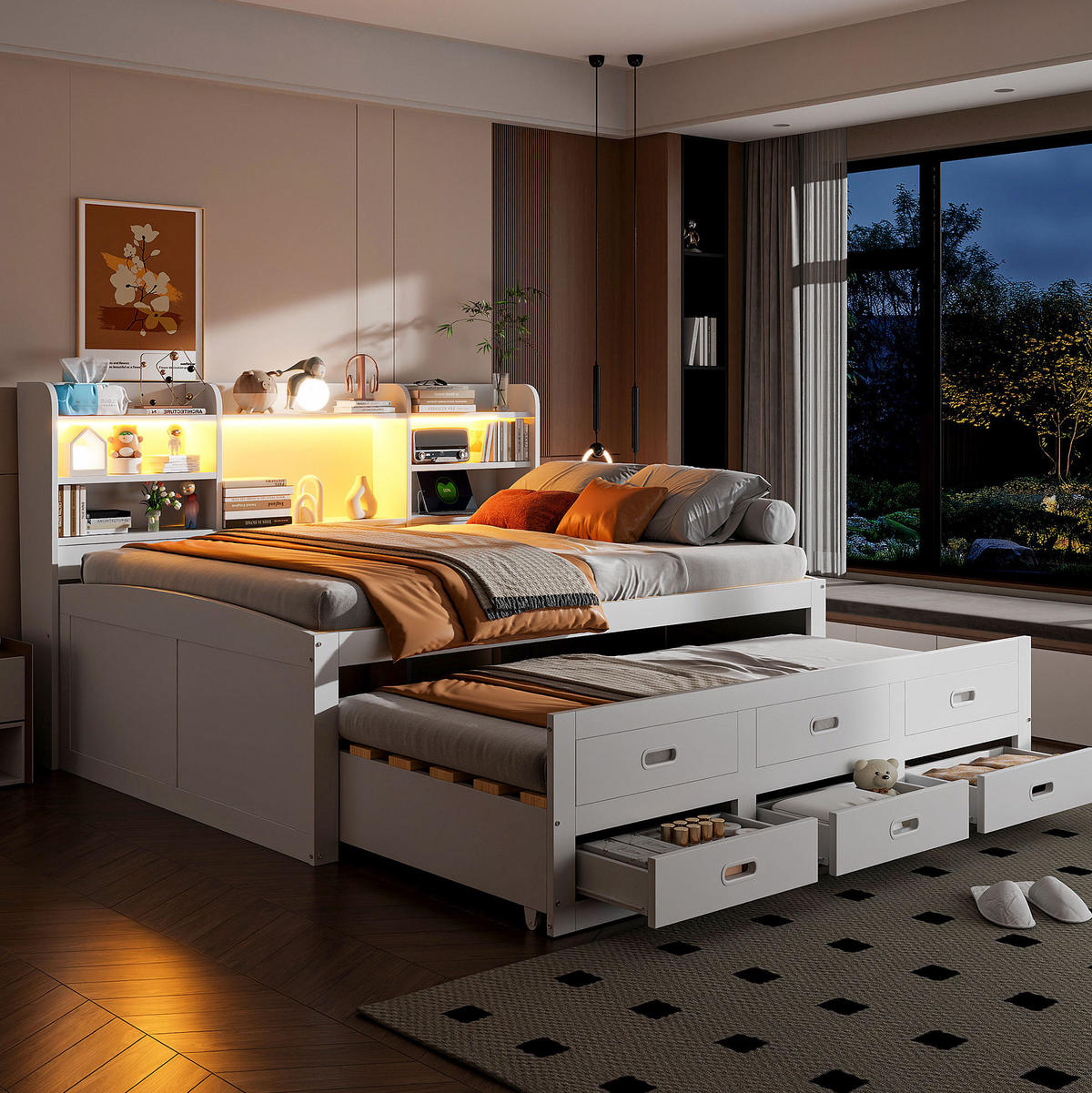 TAGESBETT 140/200 cm mit LED-Beleuchtung, 3 Schubladen und USB/Type-C in Weiß - Weiß, Holzwerkstoff (140/200cm) - BEAOK
