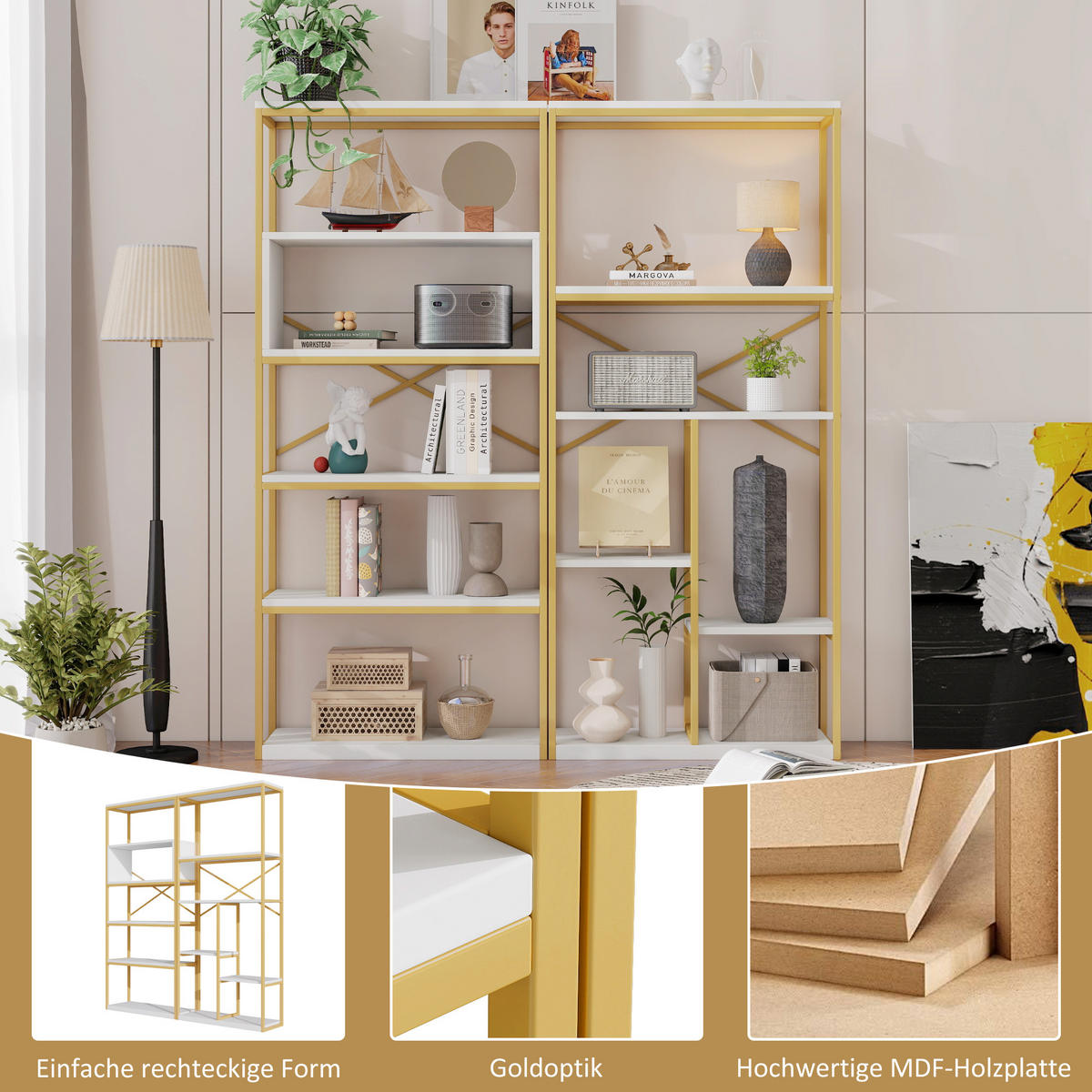 BÜCHERREGAL in Gold und Weiß Regal aus Stahlrohren und MDF mit Stauraumfächern für Wohnzimmer, B160/T29.5/H180 cm - Goldfarben, Holzwerkstoff/Metall (160/180/39.5cm) - STILVORA