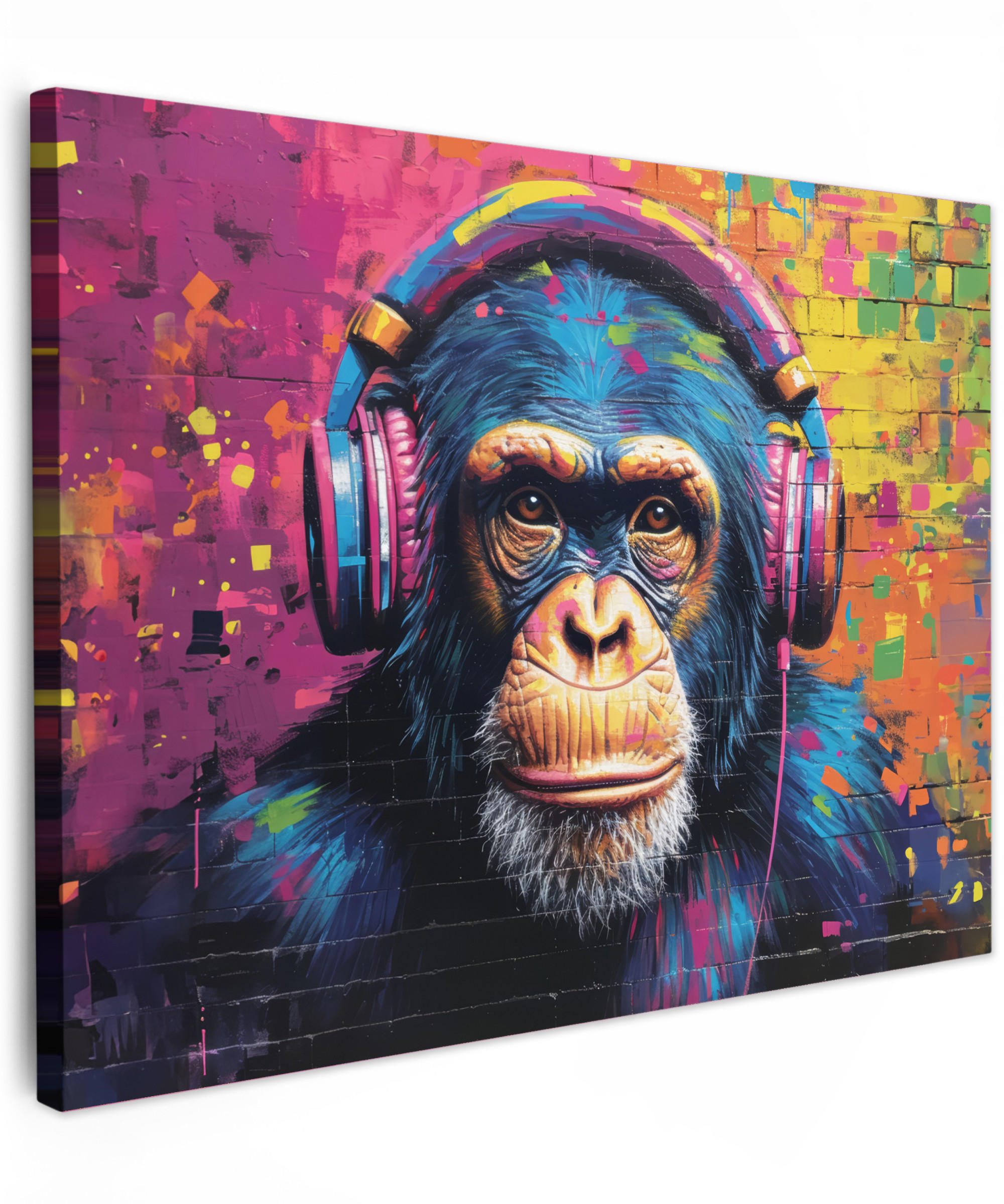 LEINWANDBILD Graffiti - Schimpanse - Straßenkunst - Kopfhörer - Affe Wandbilder 80x60 cm - Blau, Textil (80/60cm) - MuchoWow