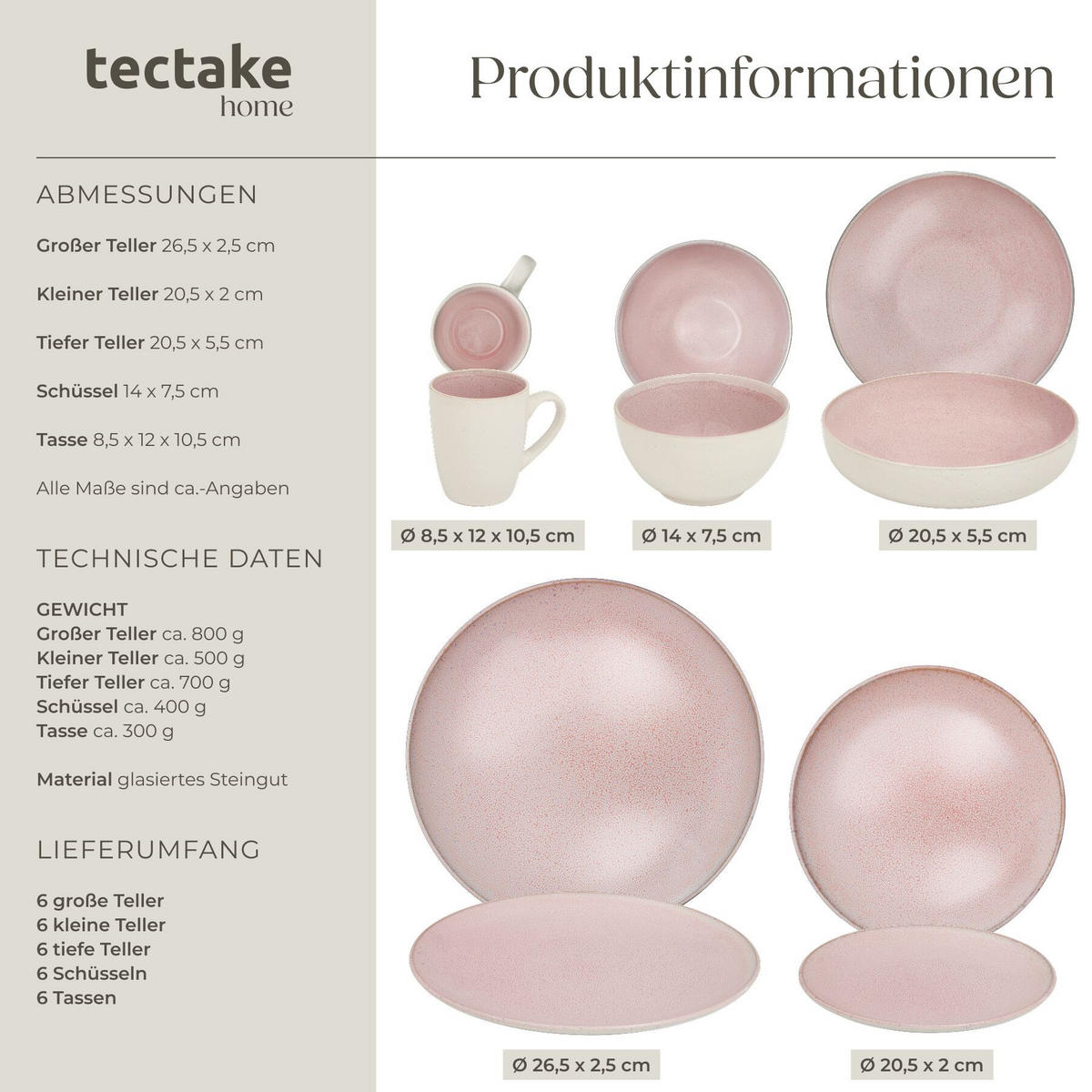 KOMBISERVICE Mare, ineinander stapelbar, rosa - Rosa, Keramik (26.5/2.5/26.5cm) - tectake
