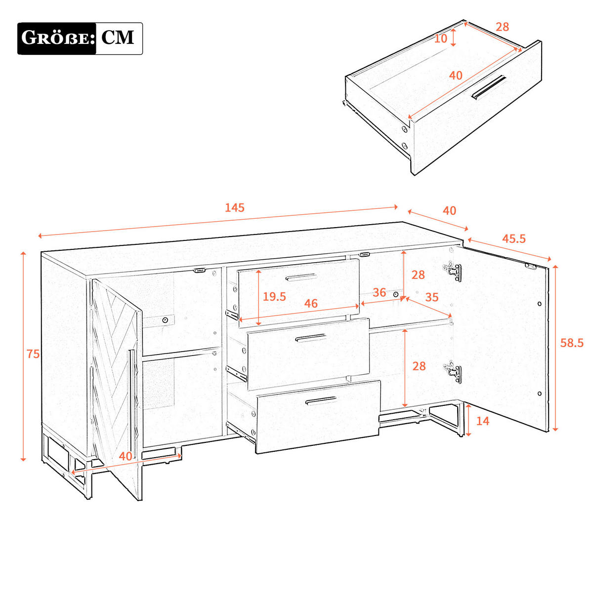 SIDEBOARD in Weiß mit 2 Türen, 3 Schubladen und Fischgrätmuster,145/75/40 cm - Weiß, Holzwerkstoff (145/75/40cm) - Flora Grace