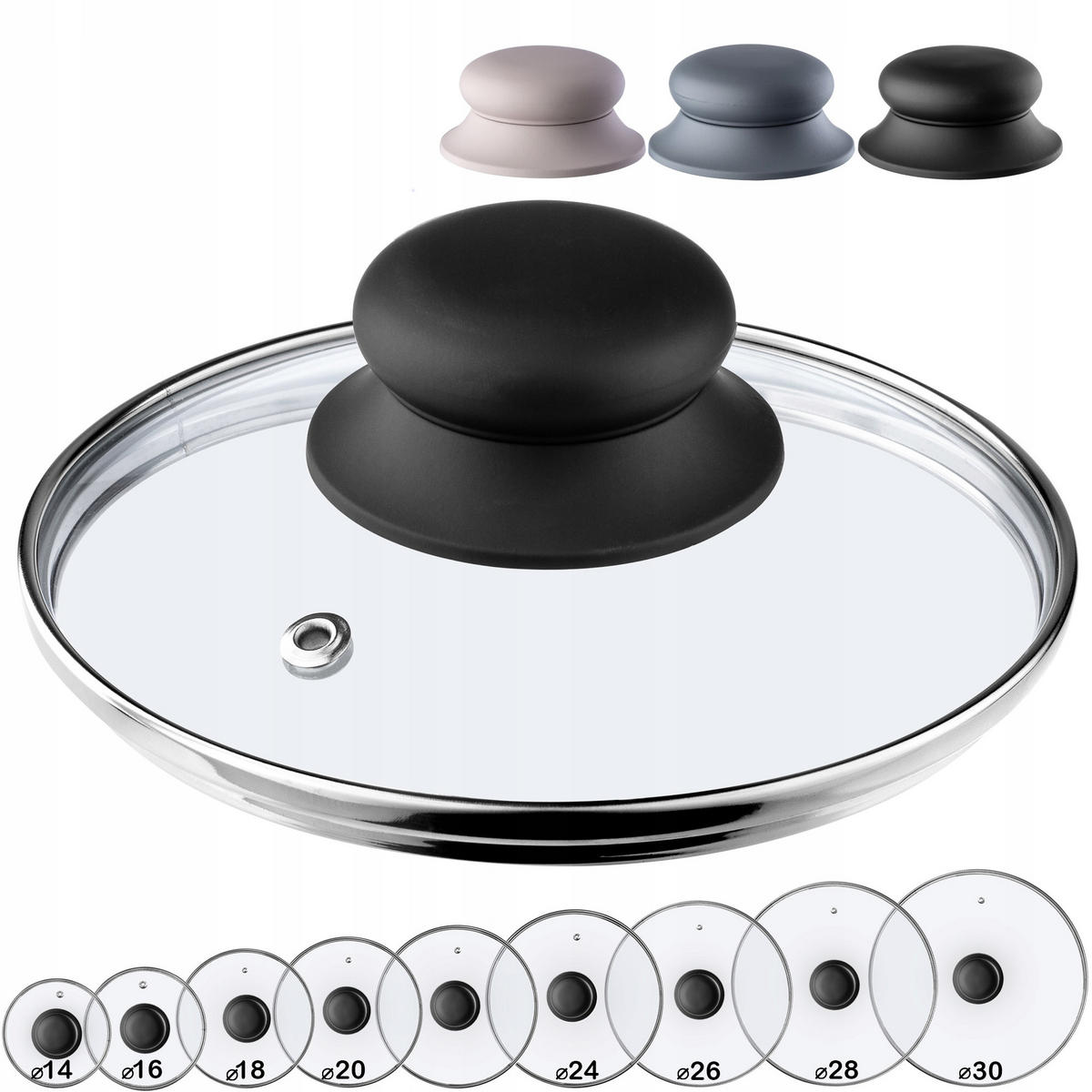 DECKEL mit Schwarz Silikongriff, 16 cm - Transparent, Glas (16cm) - KADAX