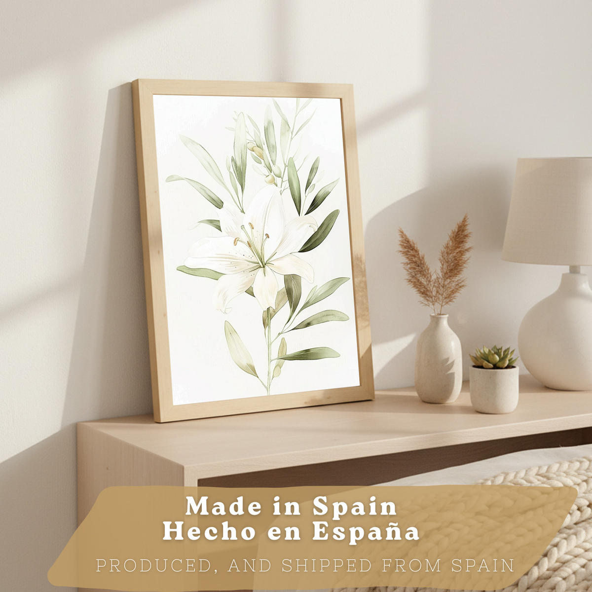 PLAKAT Sada 3 botanických tisků Zelenobílé květy. Akvarelové plakáty rostlin v jemných zelených tónech Obrázky. Rám z lehkého dřeva velikosti A3 - béžová, papír (29.7/42/3cm) - Nacnic