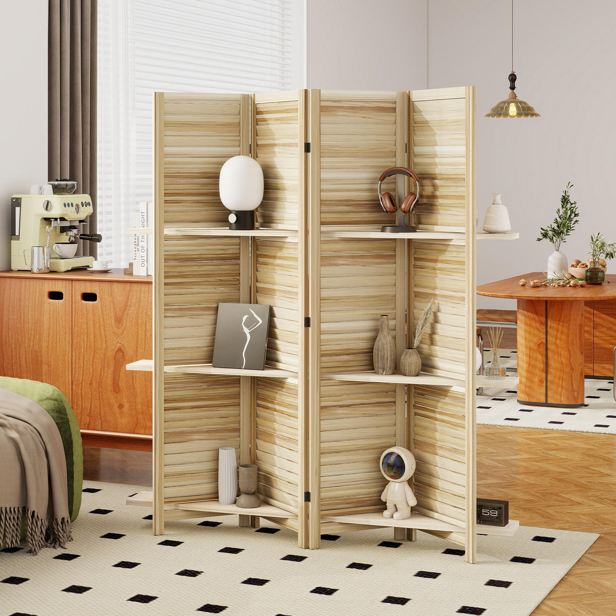 PARAVENT DE-14318 4 Paneele, 3 Regalböden, Lamellen Naturholz - Naturfarben, Holz (160/170/1.9cm) - ComfortXL