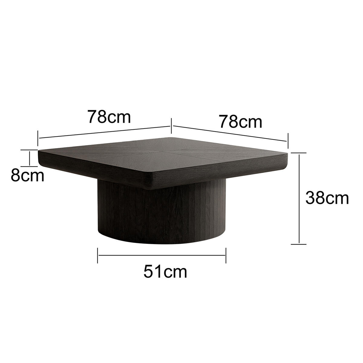 COUCHTISCH Couchtisch 78x78cm Quadratisch-Schwarz Holzfurnier Zylinderfuß - Schwarz, Holz (78/78/38cm) - Raelunyi