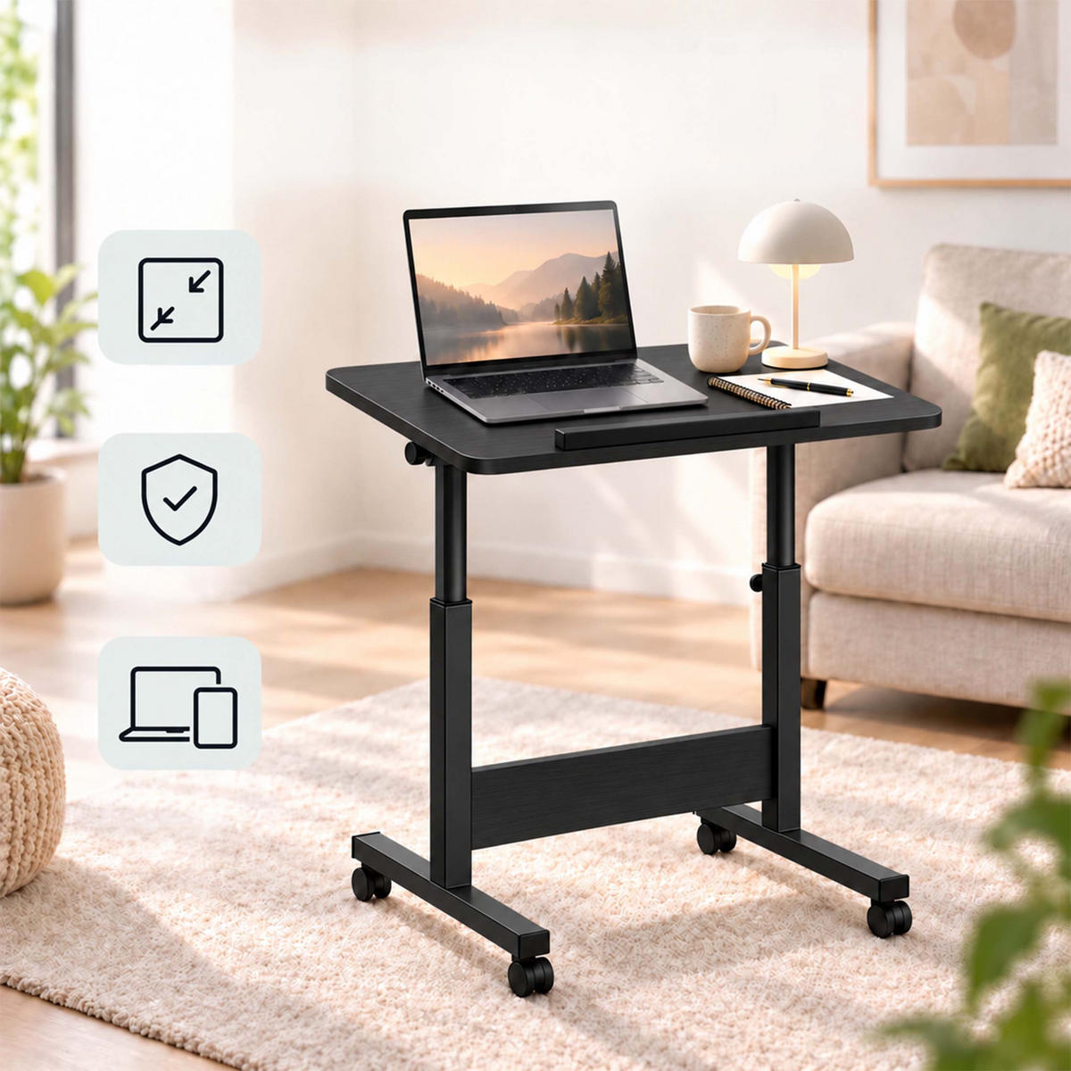 MASĂ negru reglabilă pe înălțime 60x40 cm - negru, material plastic/compozit lemnos (40/60/90cm) - Relaxdays