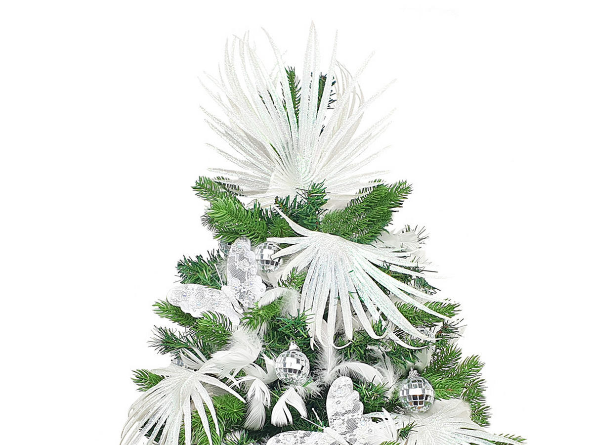 WEIHNACHTSBAUM künstlicher 60 cm mit LED-Beleuchtung, SCHMETTERLINGSGLANZ, mit 25 Weihnachtsbaumschmuck, Pflanztopf mit Jutesack - Silberfarben/Weiß, Kunststoff/Stein (40/60cm) - LAALU