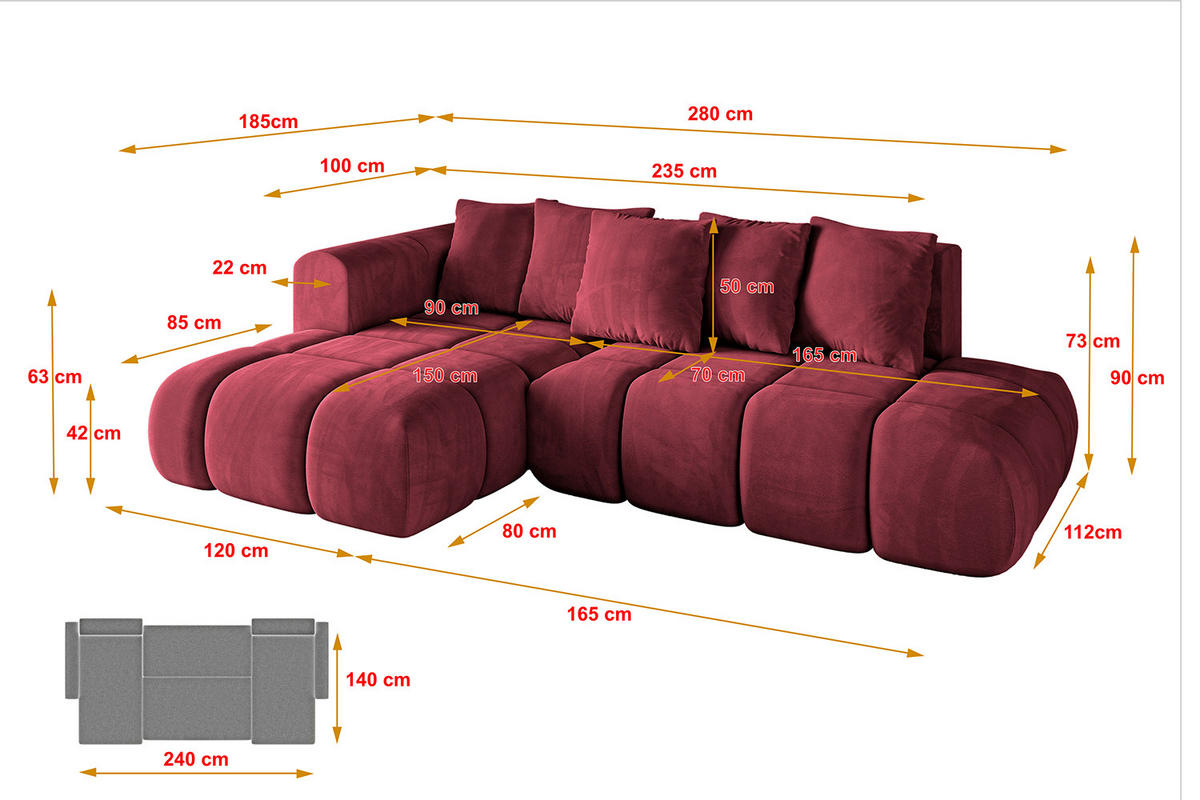 ECKSOFA Ottomane Links CLOUD-L-v1 280x185x90 Bordeaux Velours - Bordeaux, Holzwerkstoff/Kunststoff (180/289cm) - ALTDECOR