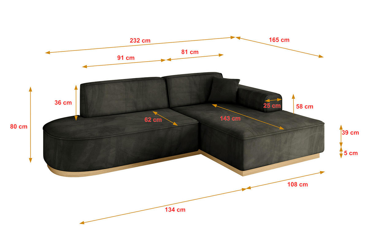ECKSOFA Ottomane Rechts IREA-L1-v2 - 232x165x80 cm Schwarz - Schwarz, Holzwerkstoff/Textil (232/165cm) - ALTDECOR