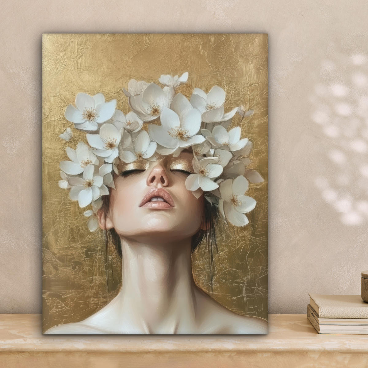 LEINWANDBILD Gesicht - Blumen - Gold - Abstrakt Room Decor 30x40 cm - Goldfarben, Textil (30/40cm) - MuchoWow