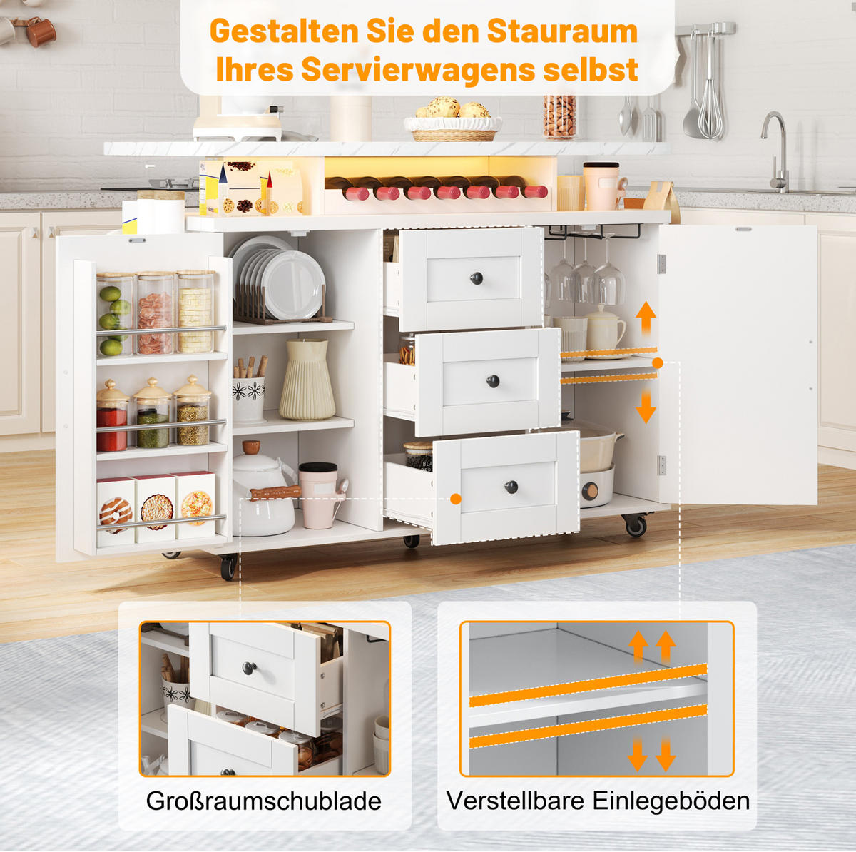 KÜCHENINSEL 138/60/93 cm aus MDF mit klappbarer Arbeitsplatte und LED-Beleuchtung Weiß - Weiß, Holzwerkstoff (138/93/60cm) - Modenvie