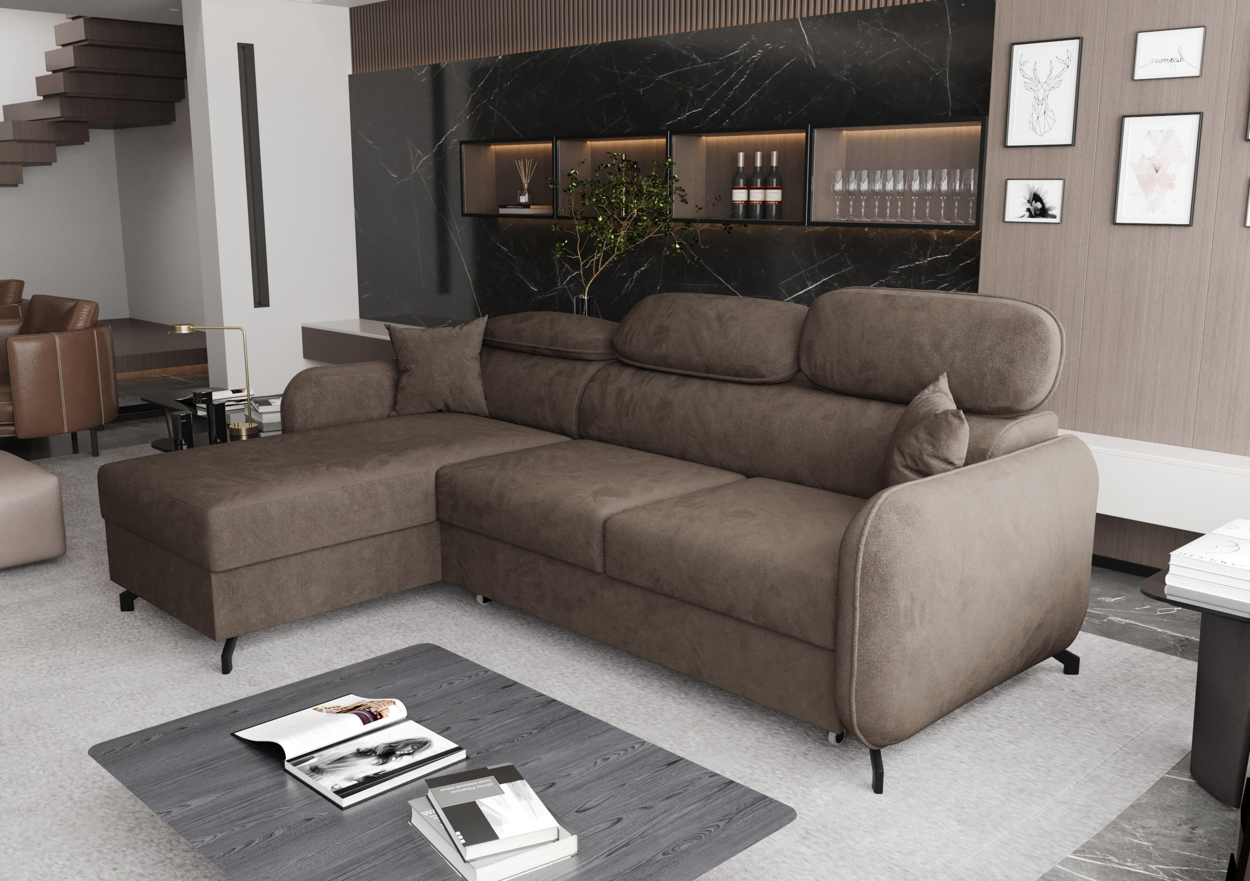 ECKSOFA L Form Ribella 5 Braun 265/180/100 cm Links mit Schlaffunktion - Schwarz/Bronzefarben, Textil/Metall (180/265cm) - AX Living