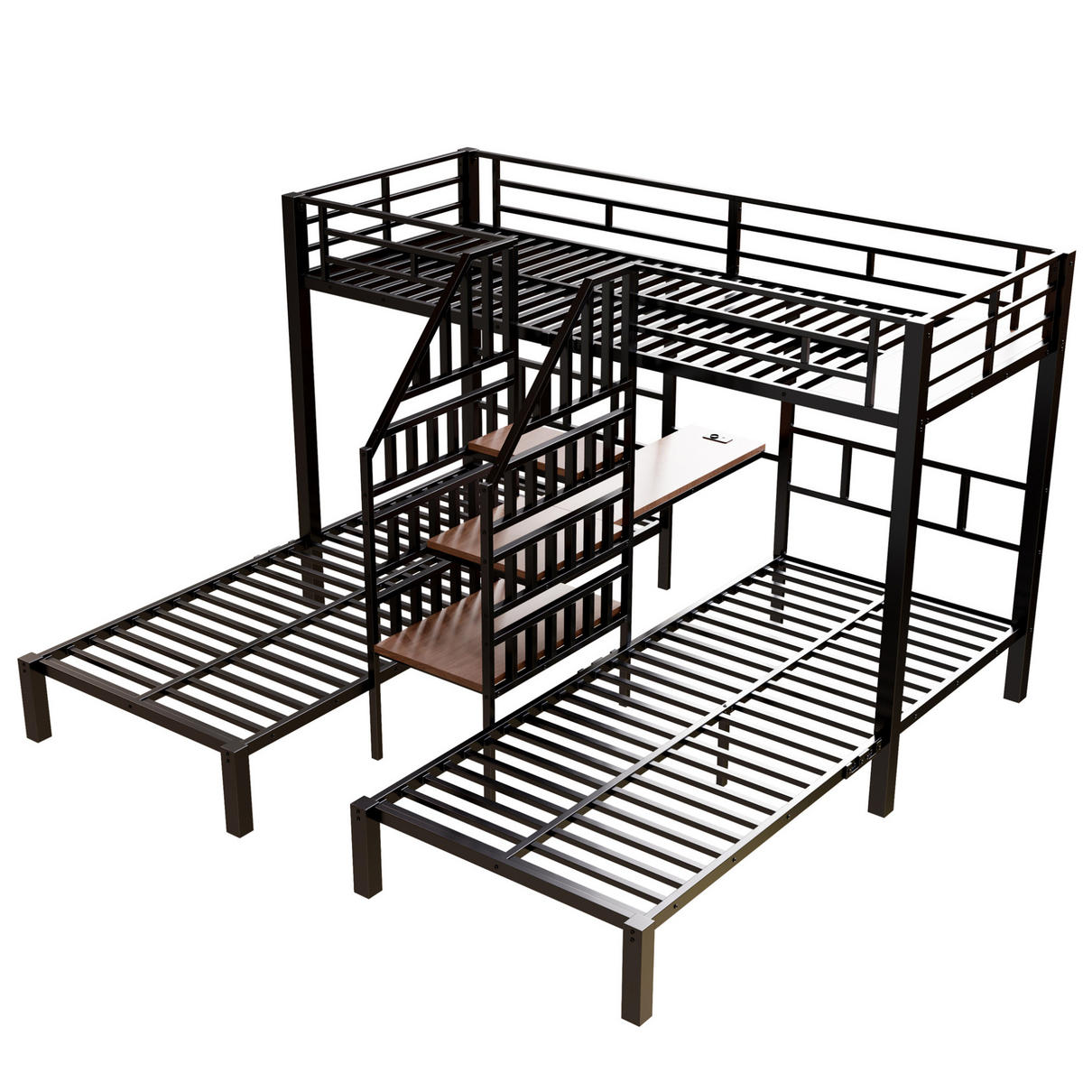 ETAGENBETT 90/200 cm in Schwarz mit LED-Beleuchtung, Schreibtisch und Stauraum - Schwarz, Metall (90/200cm) - OKMYHOME