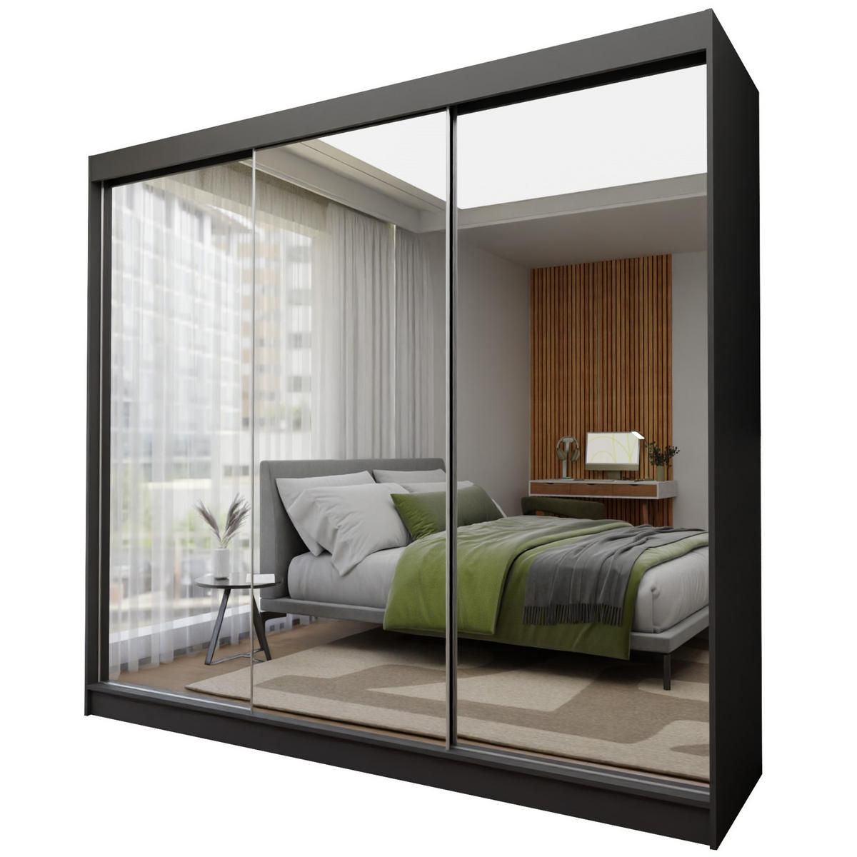 SCHWEBETÜRENSCHRANK BELLINA 240/216/61cm 3-türig mit Spiegel Grau - Grau, Holzwerkstoff (240/216/61cm) - MASSENO