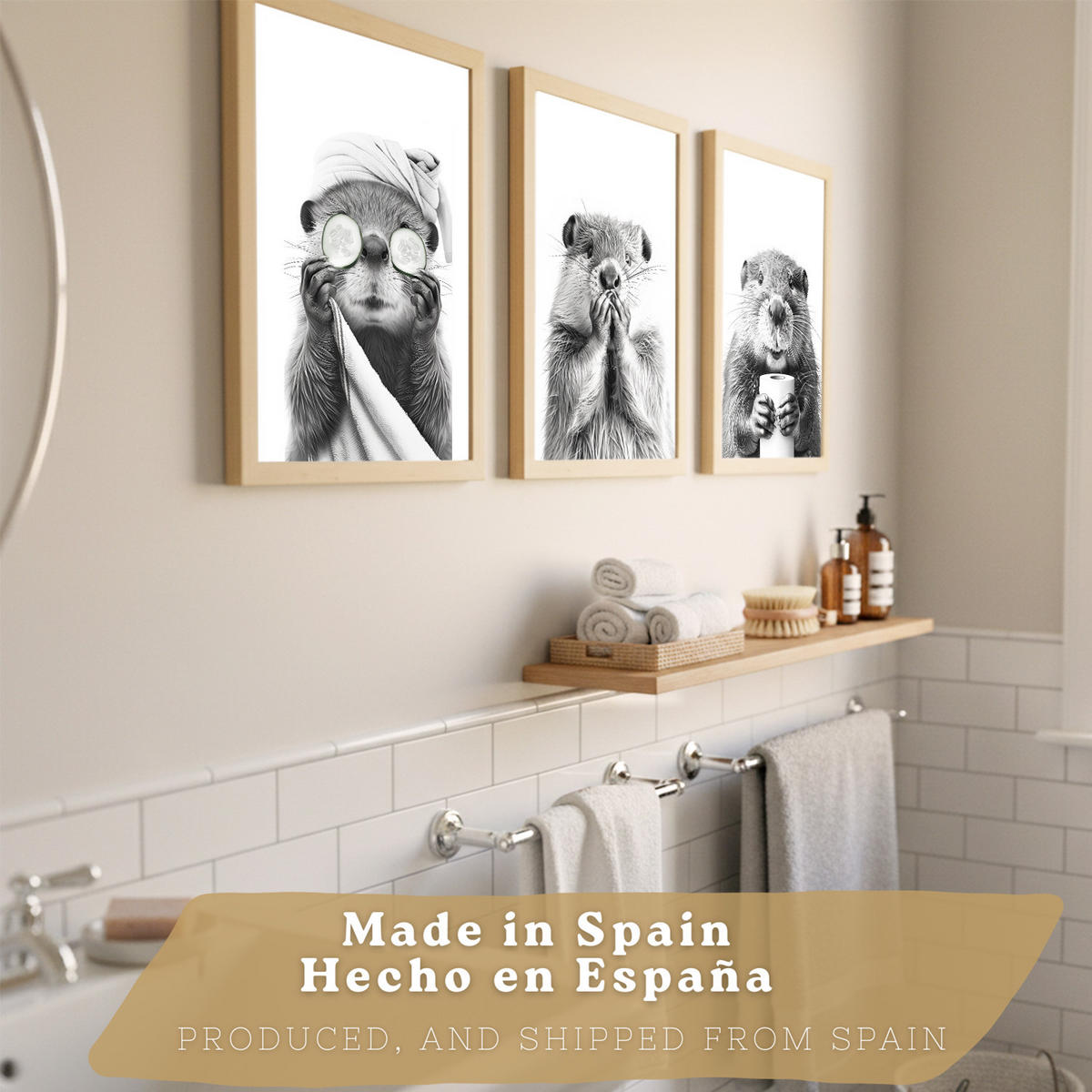 PLAKAT Sada 3 dekorativních nástěnných tisků - koupelnová dekorace se zvířaty. Velikost Světlý dřevěný rám A4 - béžová, papír (21/29.7/3cm) - Nacnic