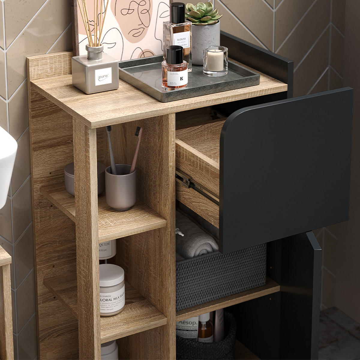 BADMÖBEL-SET Karen Anthrazit 3 Teile, mit Midischrank - Anthrazit, Holzwerkstoff (60/65/35cm) - Vicco