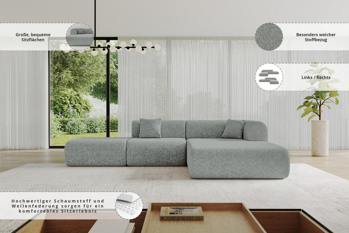 ECKSOFA Ottomane Rechts OVLY-L 289x176x71 Grün Chenille - Dunkelgrün/Schwarz, Holzwerkstoff/Kunststoff (289/176cm) - ALTDECOR