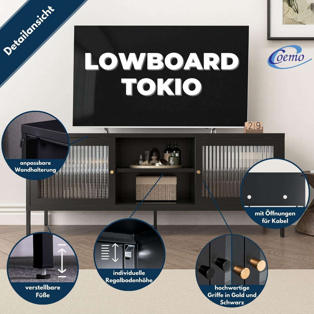 TV-LOWBOARD TOKIO Metall Schwarz 150/40/60 cm - Schwarz, Metall (40/60/150cm) - Coemo