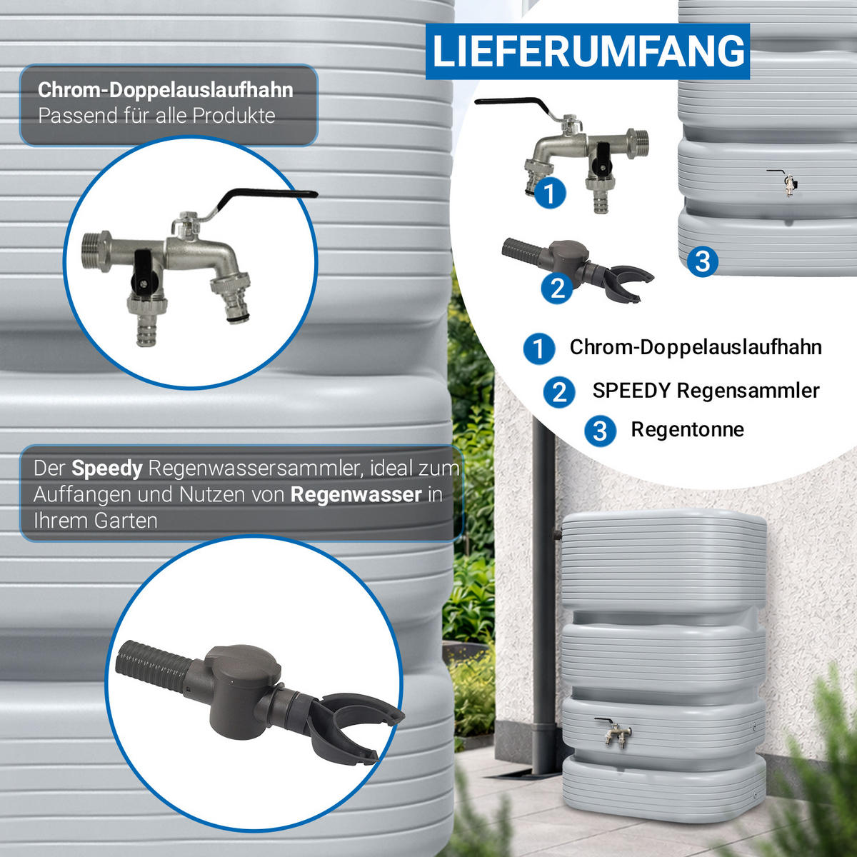 REGENTONNE Wandtank Komplett-Set 500 L, betongrau inkl. Chrom-Doppelauslaufhahn und Fallrohranschluss - Grau, Kunststoff (62/122/80cm) - 4rain