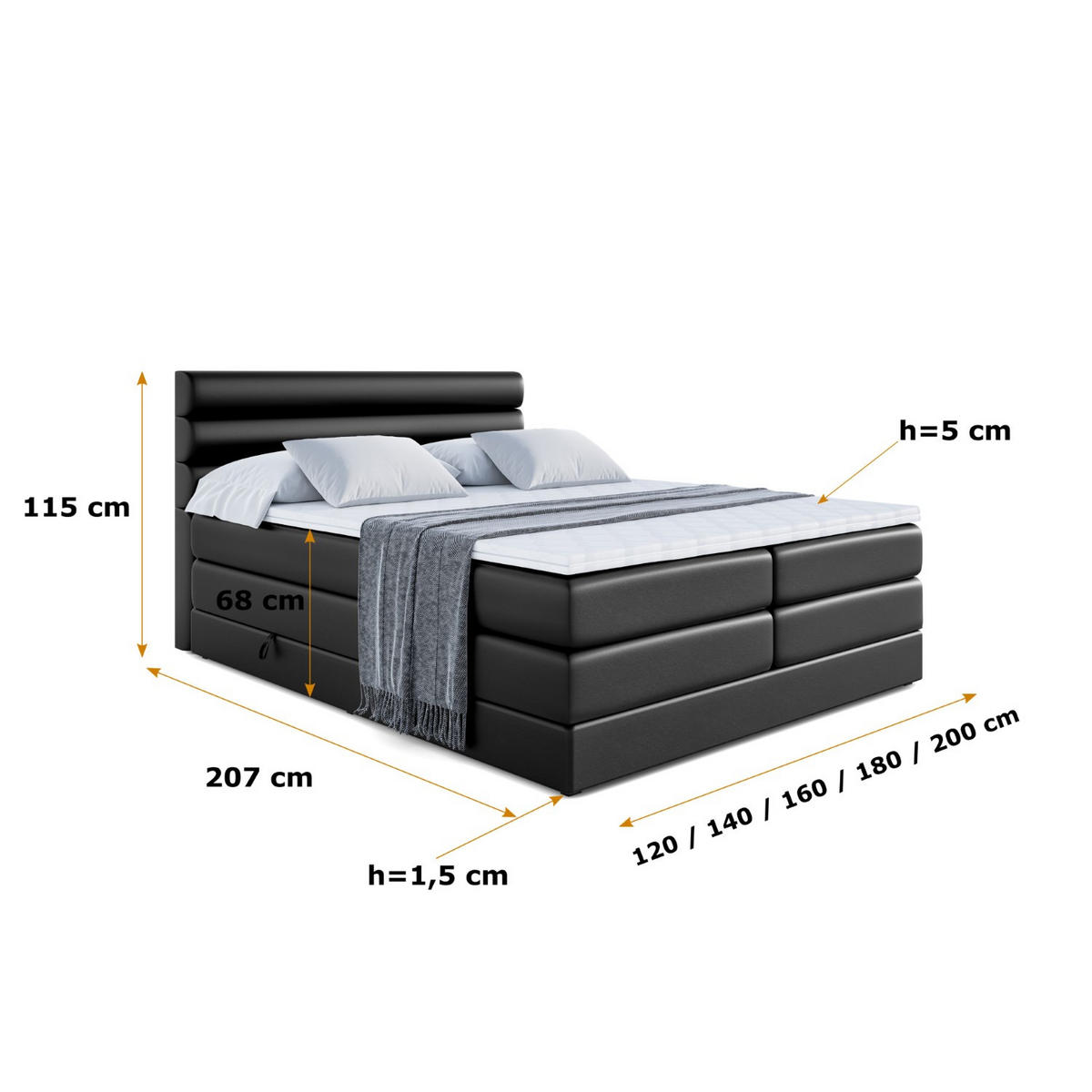 BOXSPRINGBETT CELESTIA KING - 120x200 - H3/H4 - Schwarz Hochglanz - Schwarz Hochglanz, Holzwerkstoff (120/200cm) - ALTDECOR
